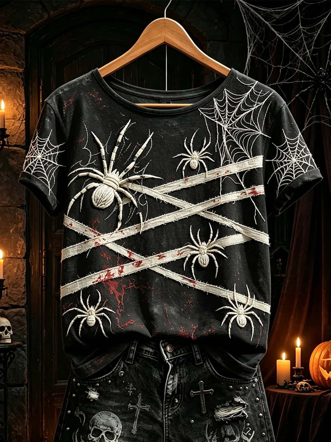 Spiders And Webs Mummy Wrap T-Shirt Halloween Spooky Tee Present For Wife - Kdjoy