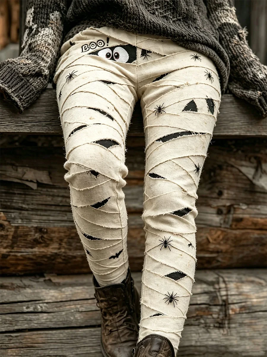 Spiders And Webs Mummy Wrap Trousers Leggings Halloween Spooky Boo Merch Gift For Her - Kdjoy