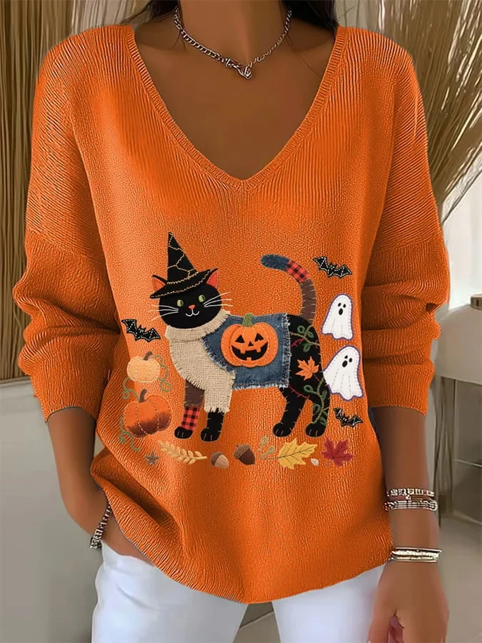 Spooky Black Cat Ghost Pumpkin V-Neck Long Sleeve Shirt Halloween Clothing Gift For Her - Kdjoy