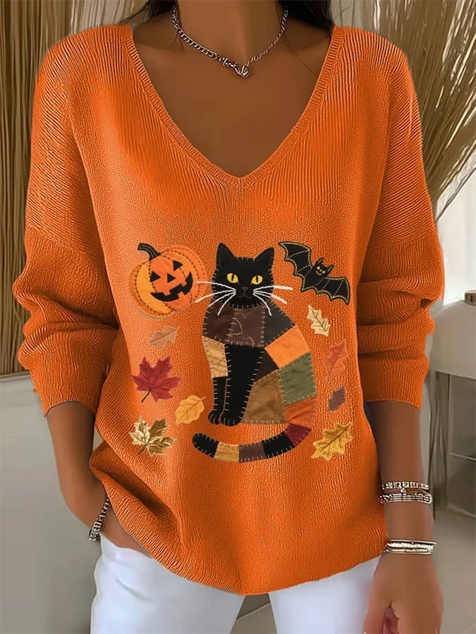Spooky Black Cat Ghost Pumpkin V-Neck Long Sleeve Shirt Halloween Merch Gift For Spooky Season - Kdjoy