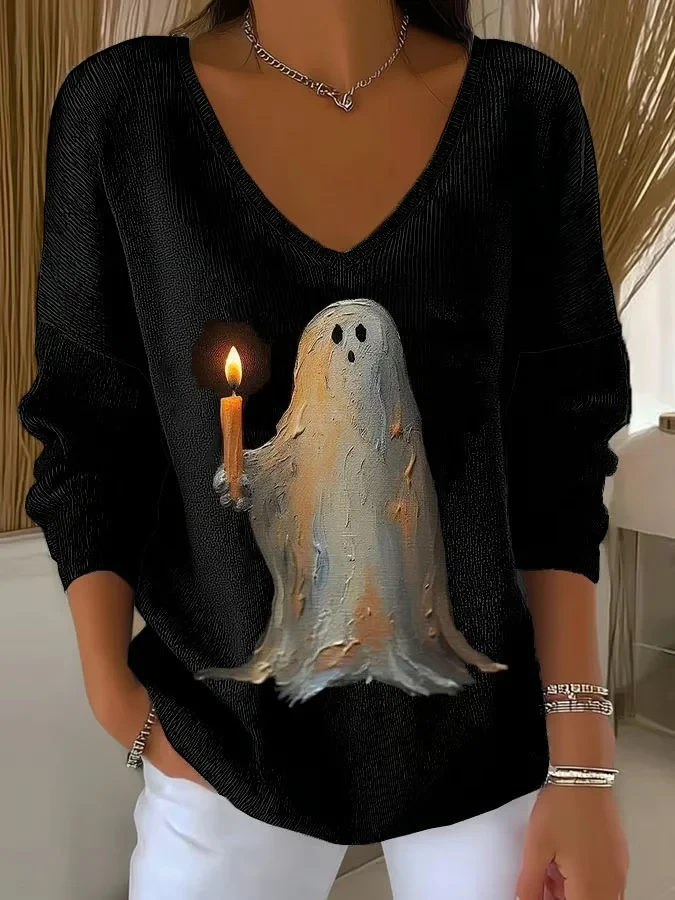 Spooky Ghost Holding Candle Light V-Neck Long Sleeve Shirt Horror Themed Clothing Gift For Her - Kdjoy