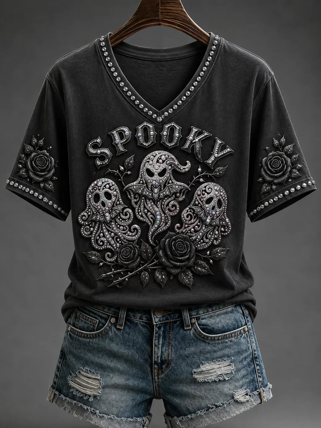 Spooky Ghost V-Neck Shirt Gothic Black Rose Ghost Shirt Spooky Season Halloween Gift for Women - Kdjoy