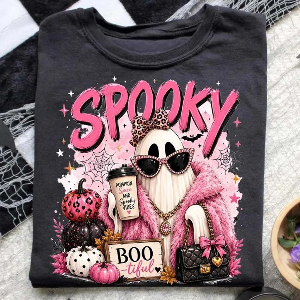 Spooky Glam Ghost Shirt Boujee Pink Halloween Ghost Tee Cute Spooky Season Outfits For Her - Kdjoy