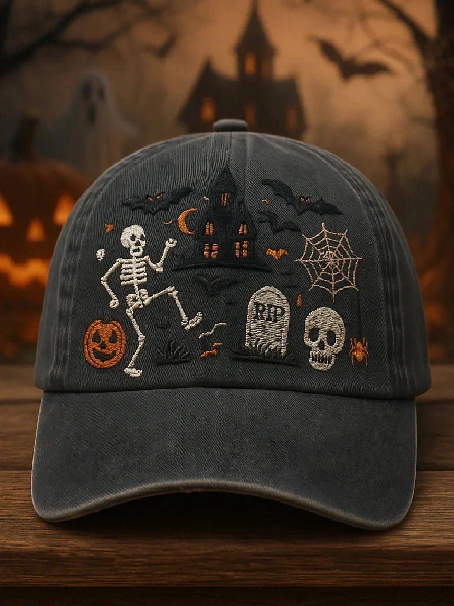 Spooky Halloween Scene With Skeleton Haunted House Pumpkin Hat Halloween Spooky Cap Gift - Kdjoy
