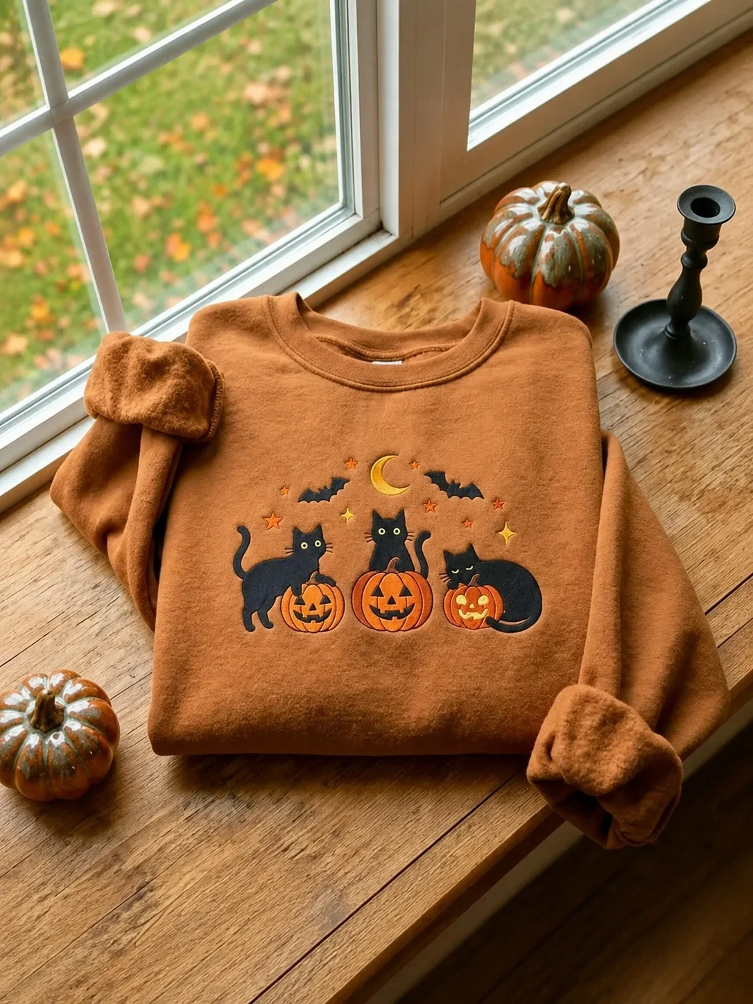 Spooky Haunted House Black Cat Sweatshirt Halloween Pumpkin Moon Star Apparel Gift For Her - Kdjoy Spooky Haunted House Black Cat Sweatshirt Halloween Pumpkin Moon Star Apparel Gift For Her - Kdjoy