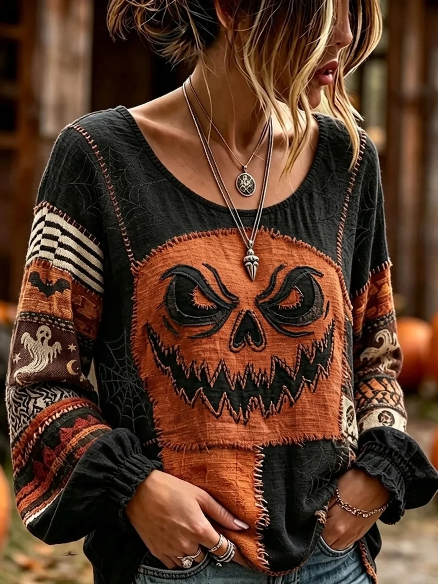 Spooky Jack-O'-Lantern Patchwork Long Sleeve Shirt Halloween Pumpkin Merch Birthday Gift - Kdjoy
