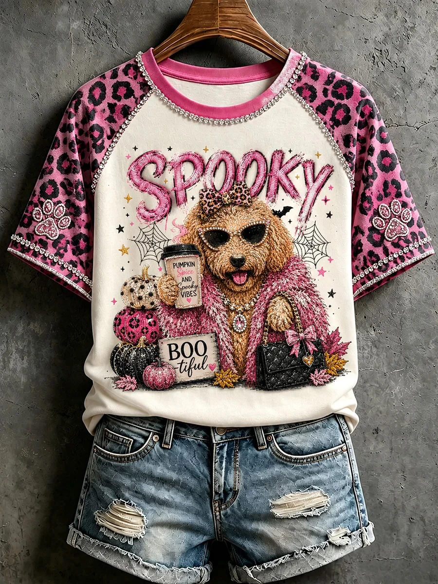 Spooky Pink Leopard Poodle Halloween Shirt Goldendoodle Pumpkin T-Shirt Bootiful Halloween Gift - Kdjoy