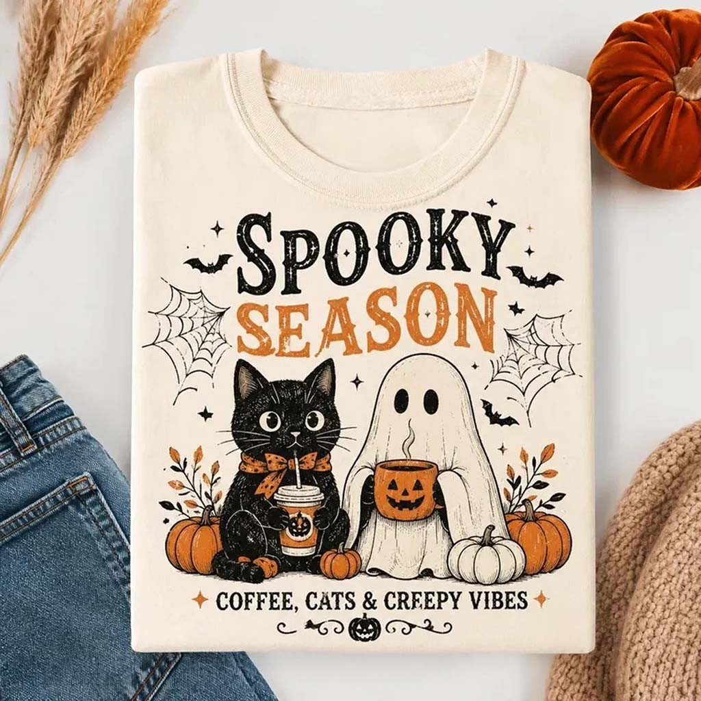 Spooky Season Coffee Cats Creepy Vibes Shirt Cute Black Cat Ghost Halloween Tee Gift For BFF - Kdjoy