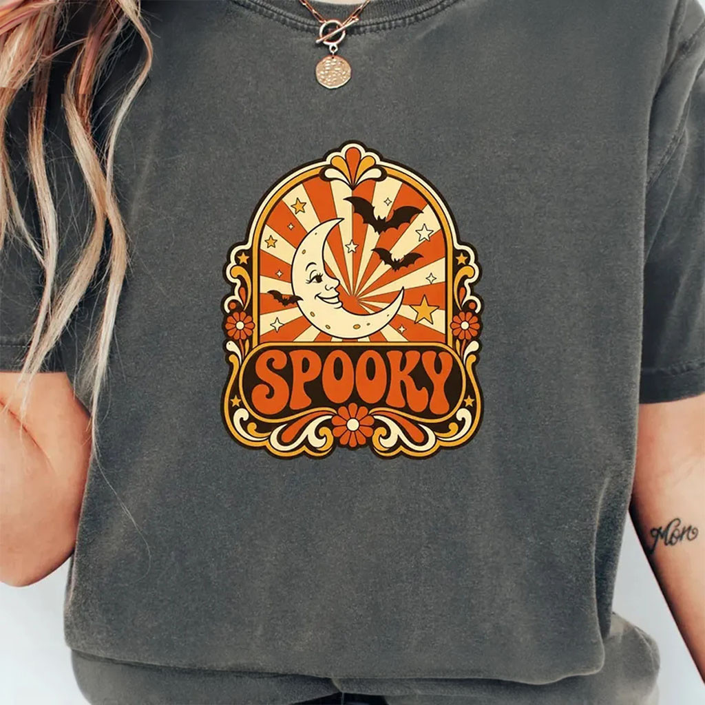 Spooky Shirt Vintage Moon And Bats Shirt Groovy Halloween Gifts For Wife - Kdjoy