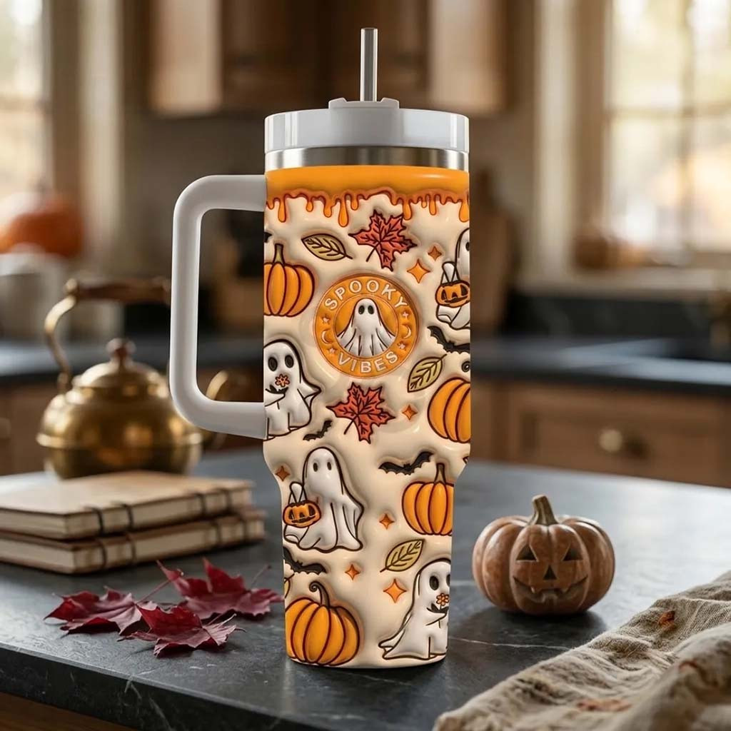 Spooky Vibes 2026 Ghost 40oz Stanley Tumbler Cute Halloween Gifts For Friends - Kdjoy