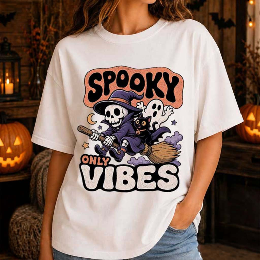 Spooky Vibes Only Skeleton Witch Broom Black Cat Ghost T-Shirt Cute Halloween Gift For Her - Kdjoy