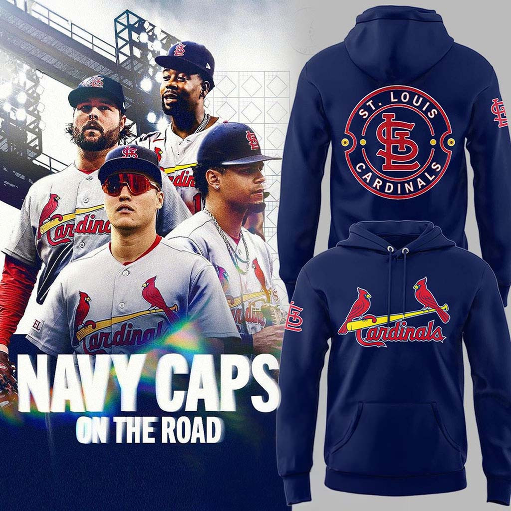 St Louis Cardinals Merch 2026 Navy Caps On The Road Game Hoodie Gift For Baseball Fans - Kdjoy