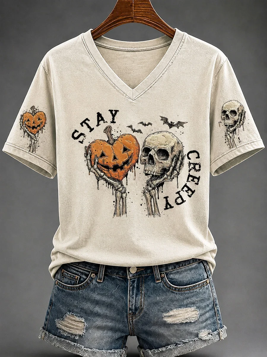 Stay Creepy Fun Skull Pumpkin Halloween V-Neck Shirt Humorous Funny Apparel Halloween Gifts - Kdjoy