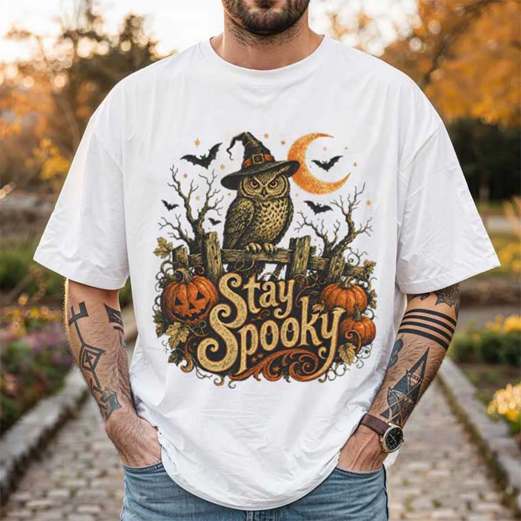 Stay Spooky Owl Vintage Witch Pumpkin Fall T-Shirt Halloween Merch Gifts For Brothers - Kdjoy