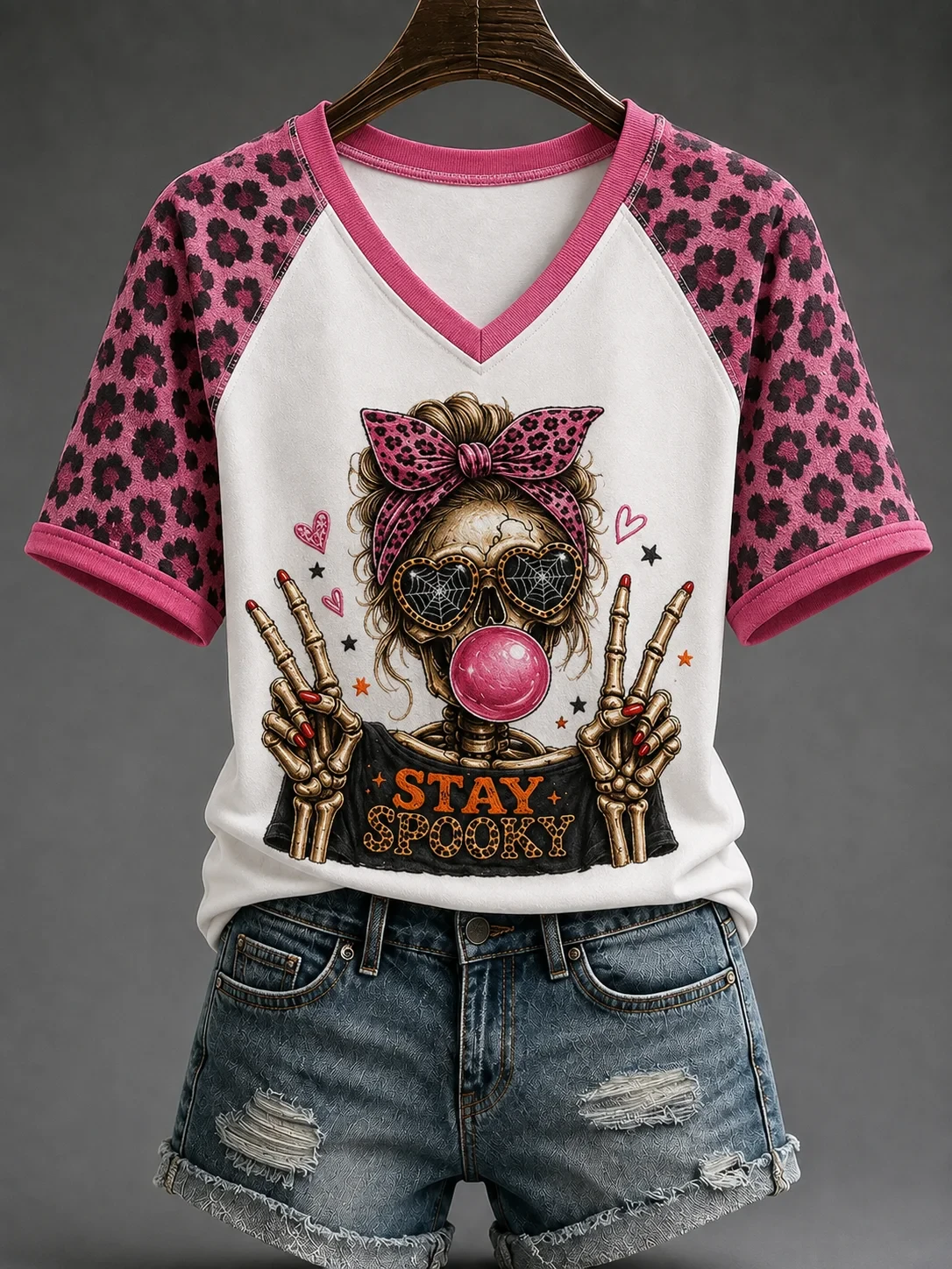 Stay Spooky Skeleton V-Neck Shirt Messy Bun Skull Bubblegum Halloween Tee Spooky Season Gifts - Kdjoy