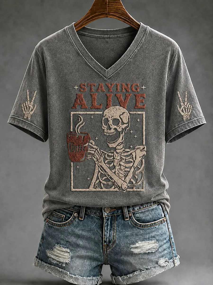 Staying Alive Trendy Coffee Funny Skulls Halloween V-Neck Shirt Spooky Season Gift Ideas - Kdjoy