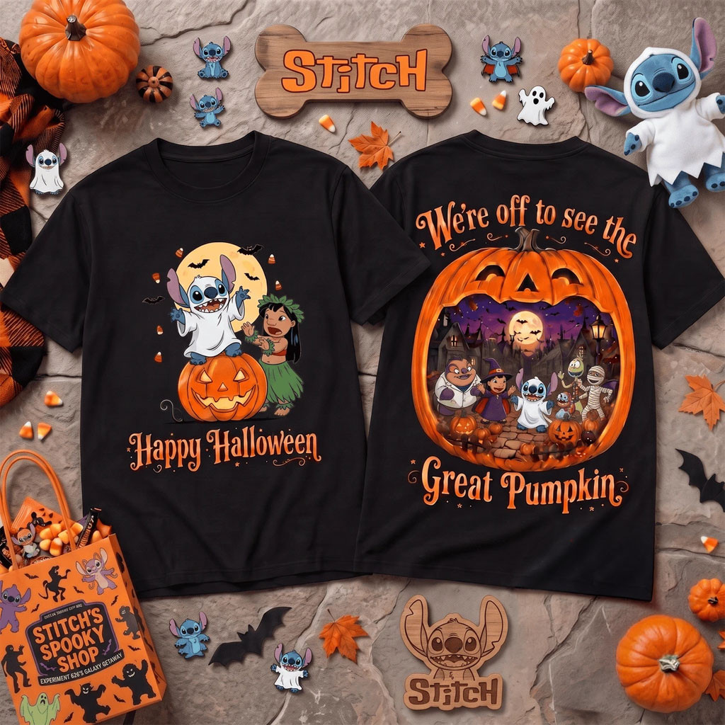 Stitch And Lilo We're Off To See The Great Pumpkin Halloween 2026 T-Shirt Gifts For BFF - Kdjoy