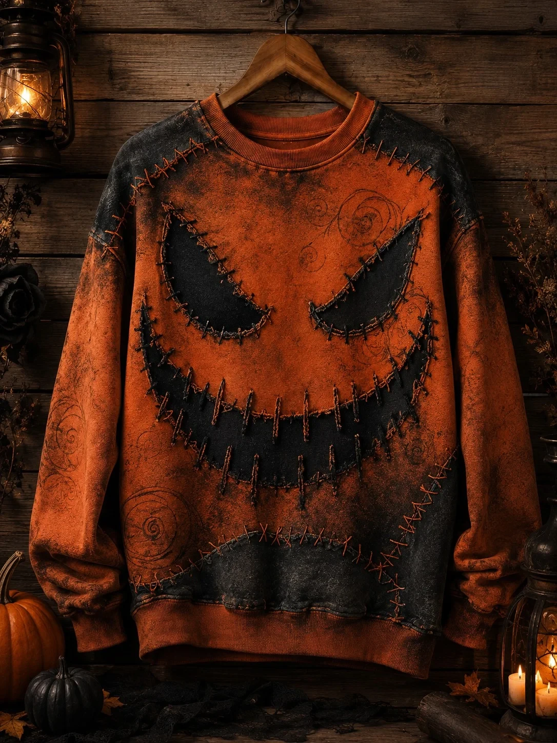 Stitched Pumpkin Face Halloween Sweatshirt Spooky Jack-O'-Lantern Clothing Gift Ideas - Kdjoy