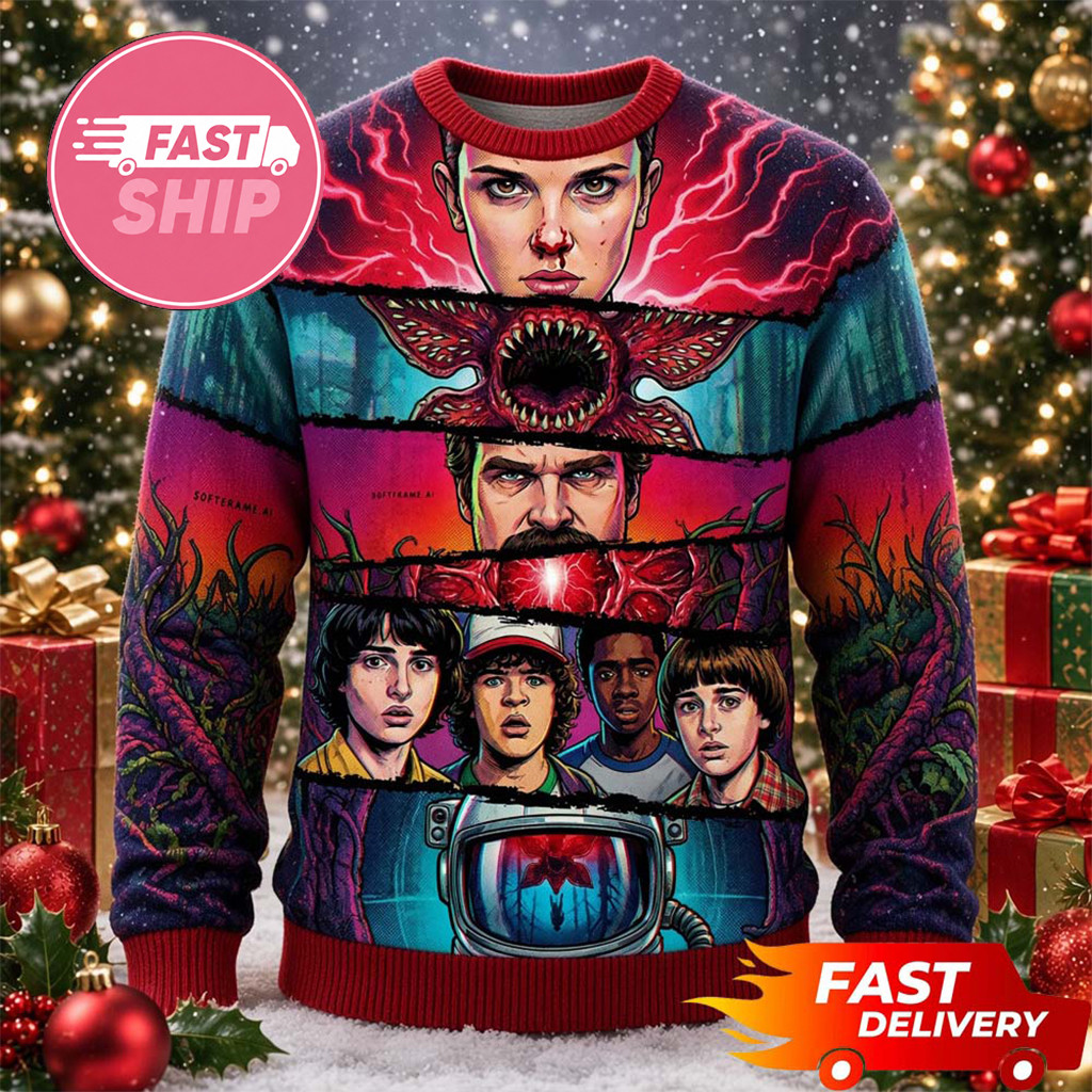 Stranger Things Merch Fights With Demogorgon In Upside Down Ugly Sweater Gifts For Christmas - Kdjoy