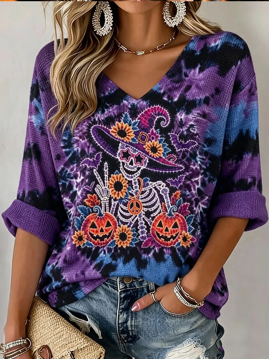Sugar Skull Witch Cropped Sleeve V-Neck Shirt Halloween Spooky Clothing Gift - Kdjoy Sugar Skull Witch Cropped Sleeve V-Neck Shirt Halloween Spooky Clothing Gift - Kdjoy