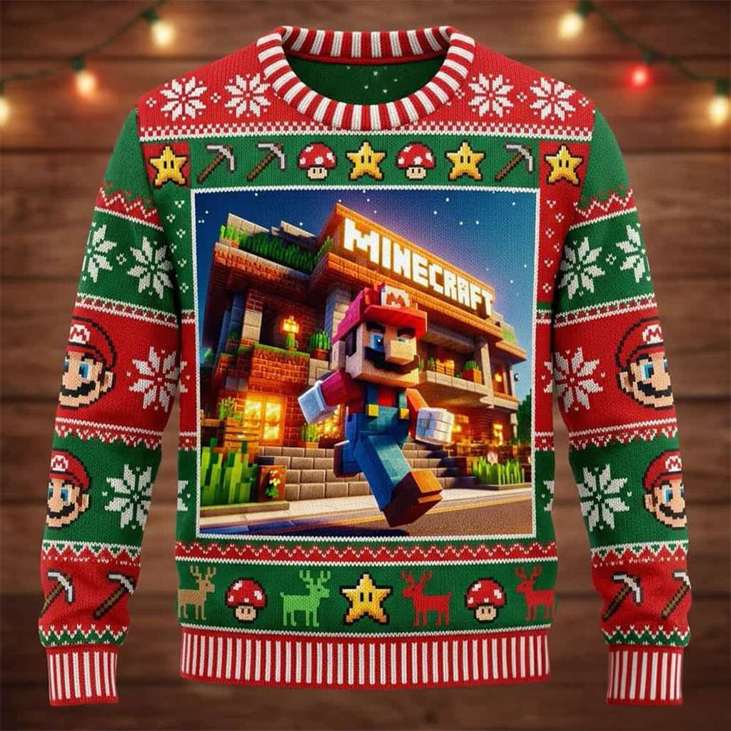 Super Mario x Minecraft 2026 Christmas Ugly Sweater Minecraft Merch Husband Christmas Gift Ideas - Kdjoy
