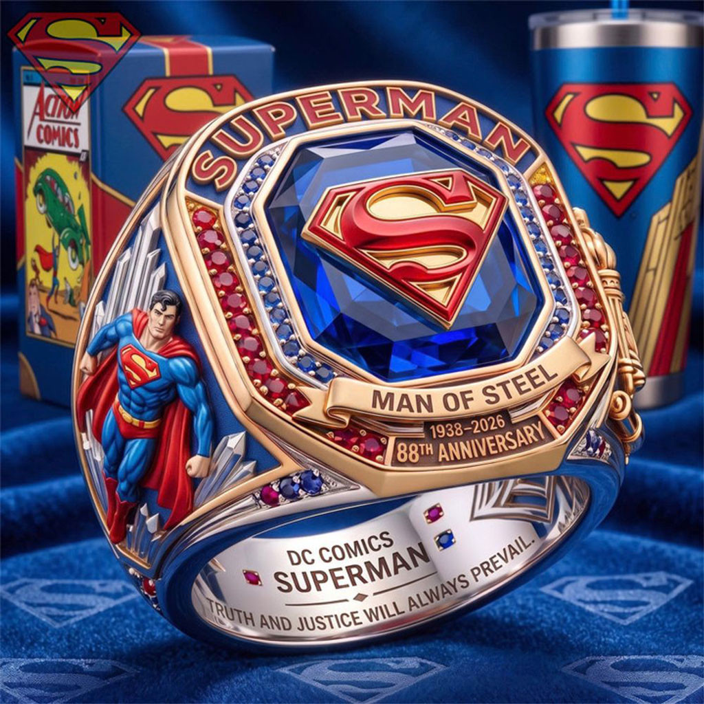 Superman 88th Anniversary Man of Steel Round Engraved Ring Superman Merch Gifts For Son - Kdjoy Superman 88th Anniversary Man of Steel Round Engraved Ring Superman Merch Gifts For Son - Kdjoy