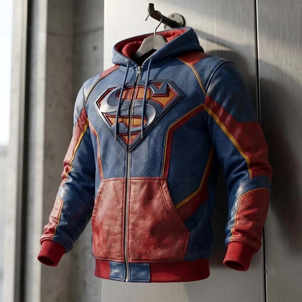 Superman Zip Up Hoodie Man Of Steel Superhero Cosplay Clothing DC Comics Fan Gifts Ideas - Kdjoy