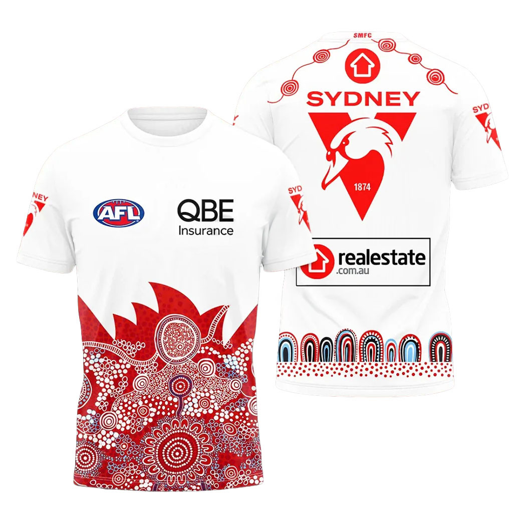 Sydney Swans White Indigenous Pattern T-Shirt Sydney Swans Merch Gift For Football Fans - Kdjoy