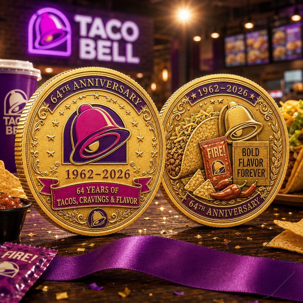 Taco Bell 64th Anniversary 1962-2026 Commemorative Gold Coin Taco Bell Merch Food Lovers Gifts