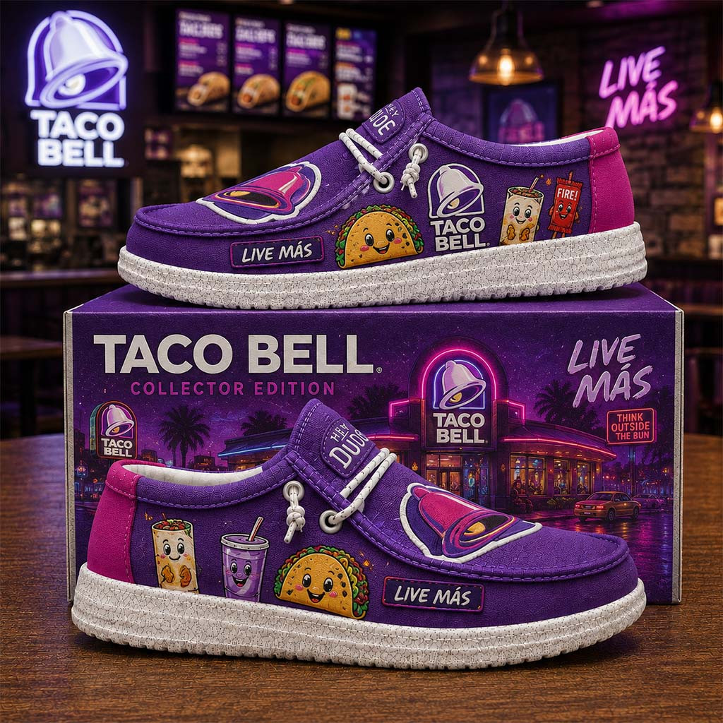 Taco Bell Shoes Live Mas Purple Loafers Cute Taco Lover Gear Fast Food Gifts For Friends - Kdjoy Taco Bell Shoes Live Mas Purple Loafers Cute Taco Lover Gear Fast Food Gifts For Friends - Kdjoy