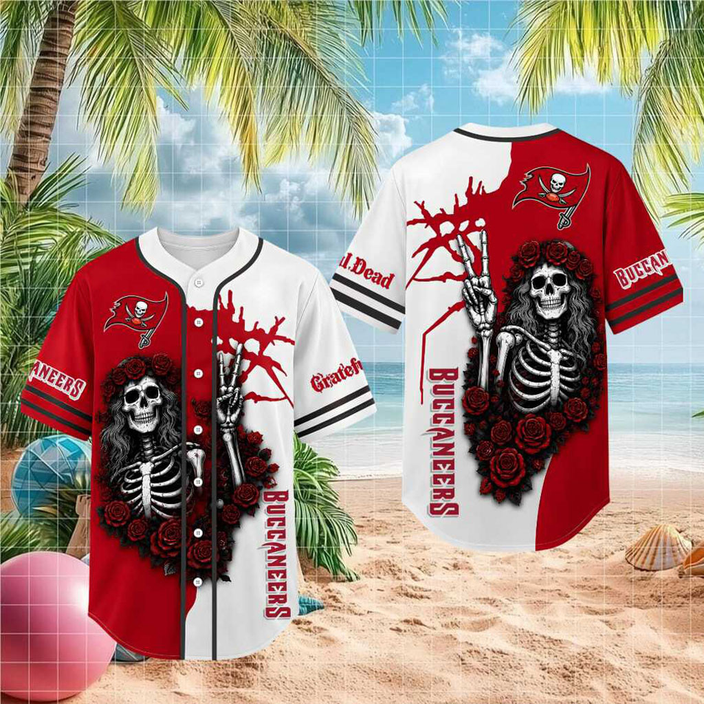 Tampa Bay Buccaneers Skeleton Grateful Roses Baseball Jersey Buccaneers Merch Fans Gifts - Kdjoy Tampa Bay Buccaneers Skeleton Grateful Roses Baseball Jersey Buccaneers Merch Fans Gifts - Kdjoy