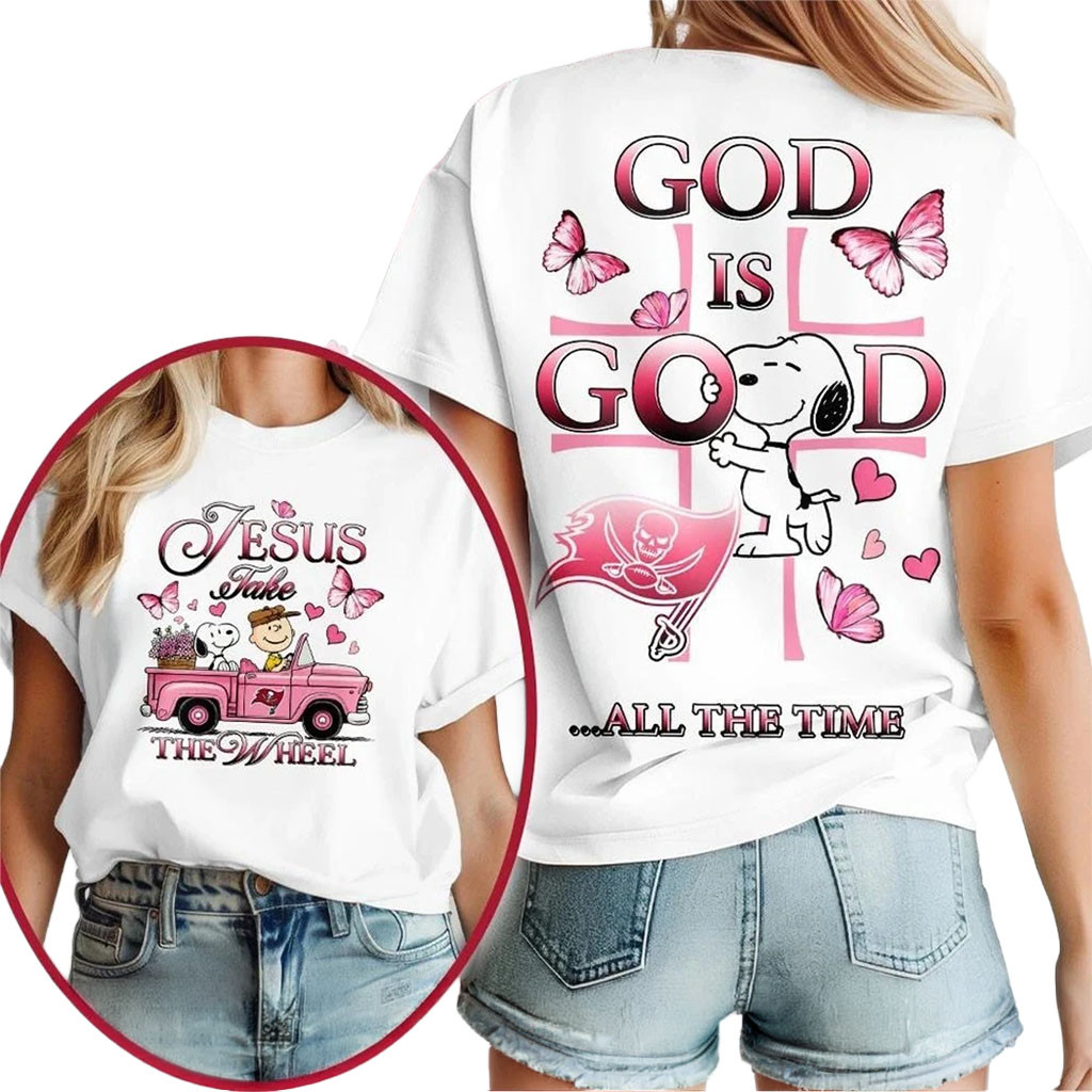 Tampa Bay Buccaneers Snoopy Jesus Take The Wheel God Is Good Shirt Buccaneers Merch Gifts - Kdjoy