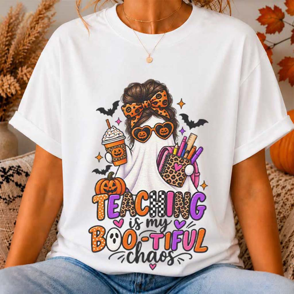 Teaching Is My Bootiful Chaos Halloween Teacher Ghost Pumpkin Bats T-Shirt Gift For Teachers - Kdjoy