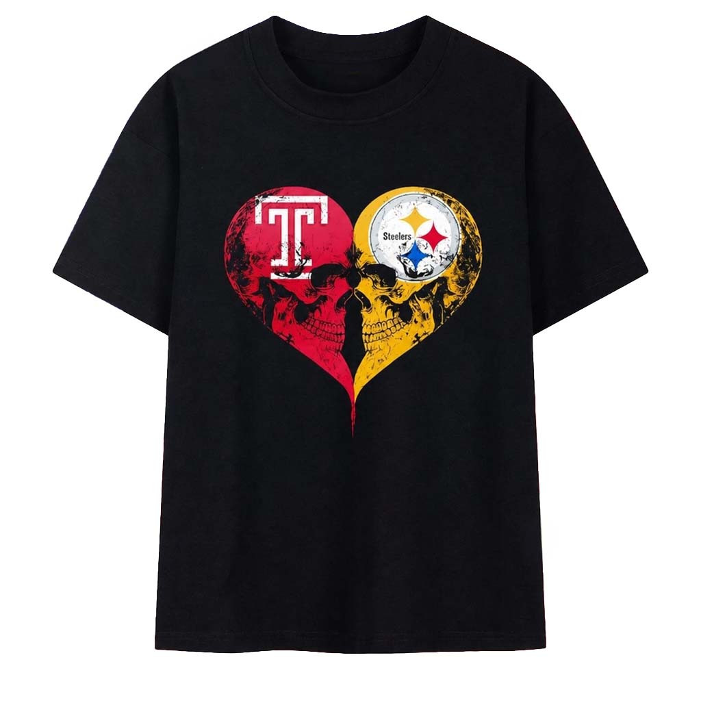 Temple Owls X Pittsburgh Steelers Skulls Face To Face Heart Shape Distressed T-Shirt Fan Merch - Kdjoy
