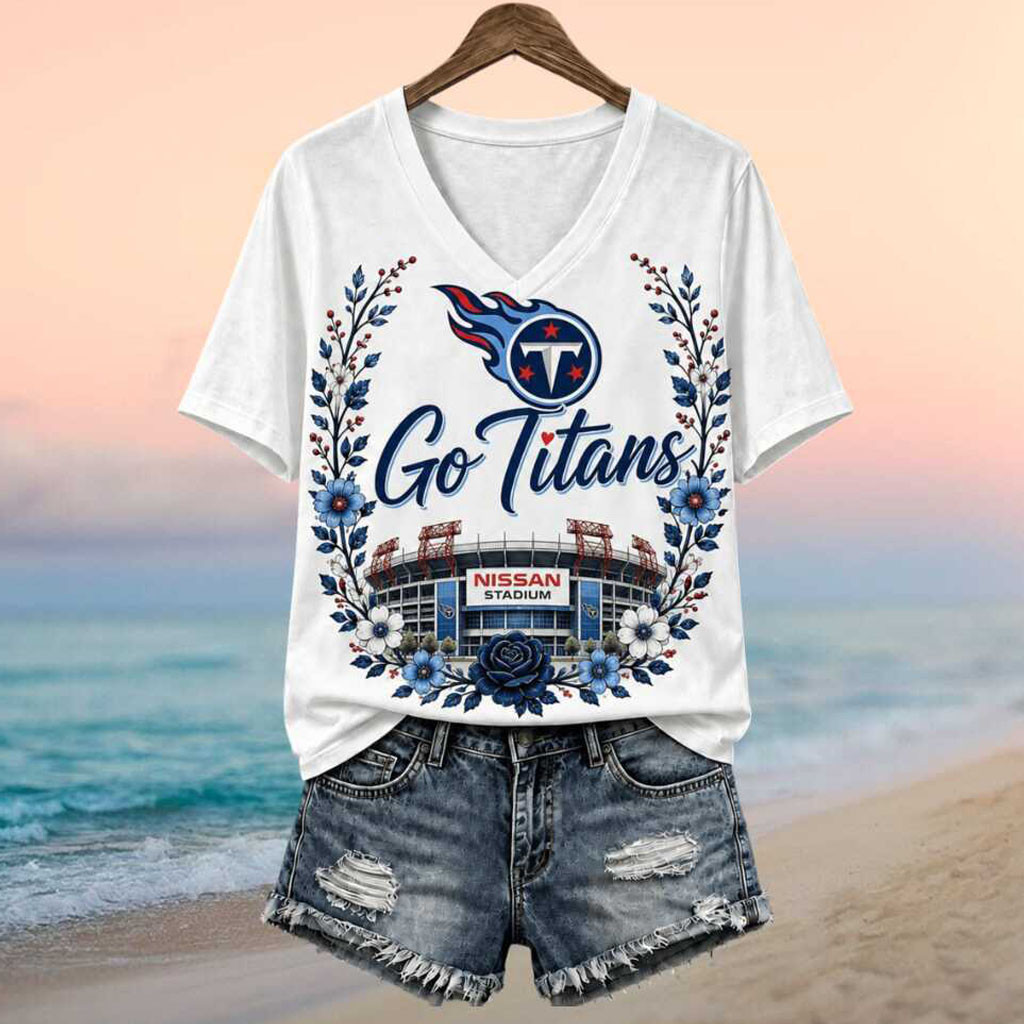 Tennessee Titans Fire Logo Nissan Stadium Floral V-Neck Shirt Titans Merch Gift For Game Day - Kdjoy