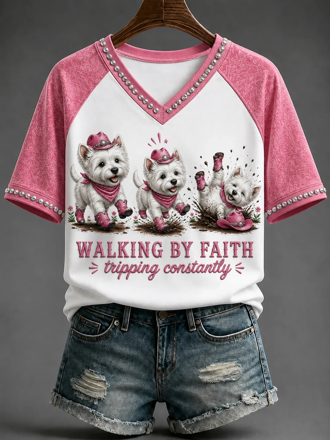 Terriers Walking By Faith Tripping Constantly V-Neck Shirt Christian Apparel Gift For Dog Mom - Kdjoy