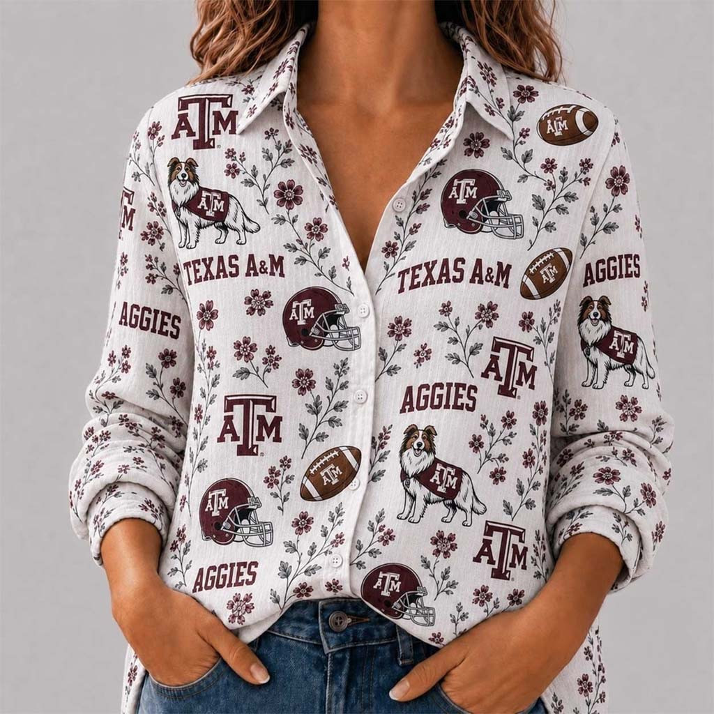 Texas A&M Aggies College Spirit Blossoms Button Up Long Sleeve Shirt Texas A&M Aggies Merch - Kdjoy
