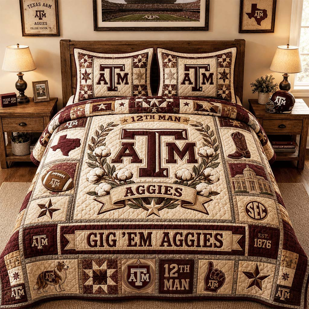 Texas A&M Aggies Merch 12th Man Gig Em Aggies Quilt Bedding Set Football Fan Gift Ideas - Kdjoy