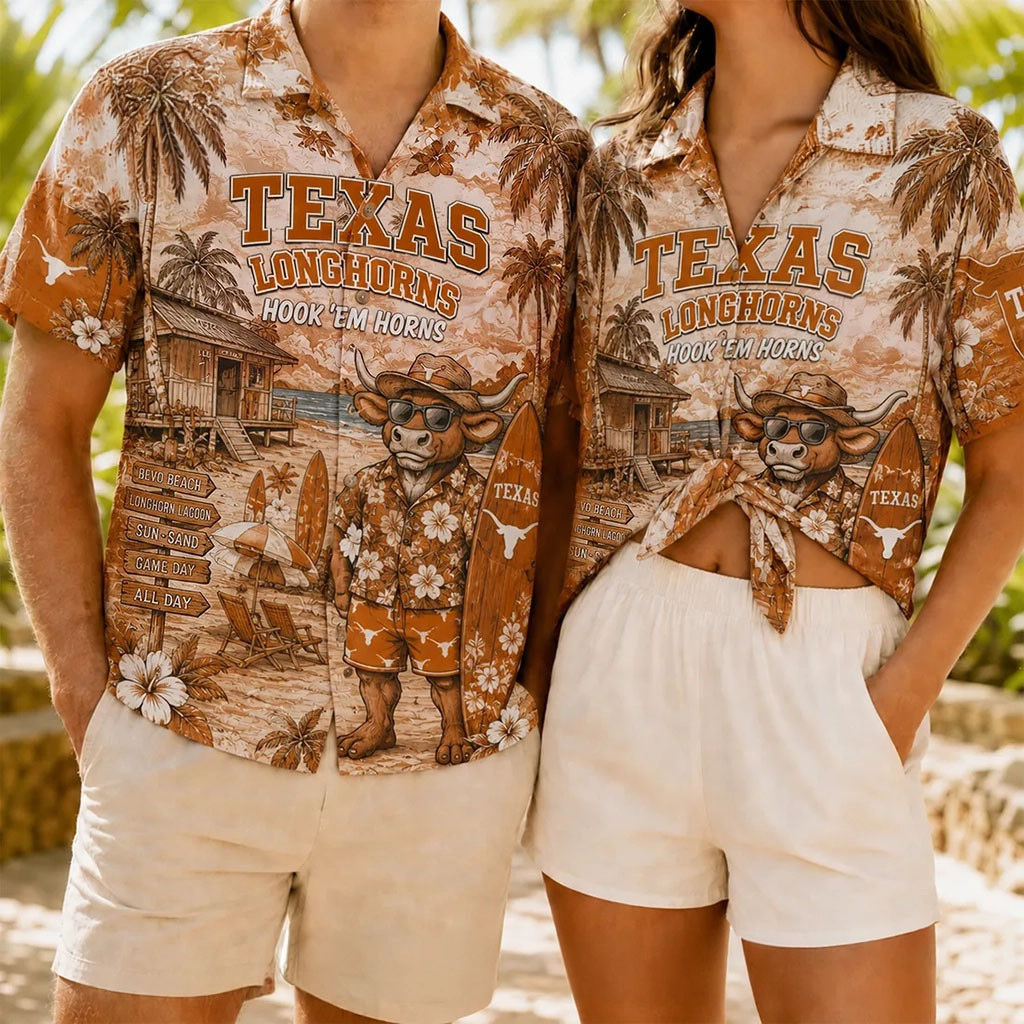 Texas Longhorns Bevo Mascot Hawaiian Shirt Hook Em Horns Longhorns Merch Gifts For Summer - Kdjoy Texas Longhorns Bevo Mascot Hawaiian Shirt Hook Em Horns Longhorns Merch Gifts For Summer - Kdjoy