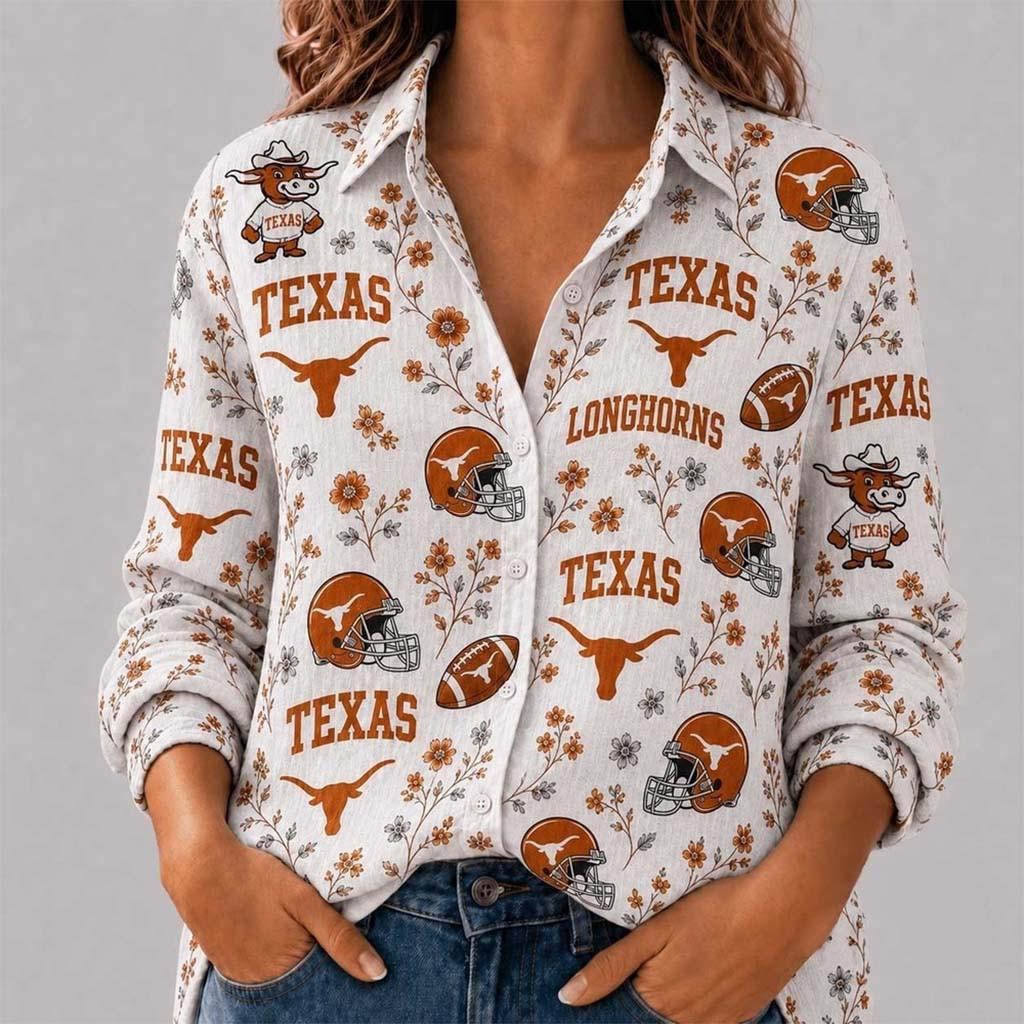 Texas Longhorns College Spirit Blossoms Button Up Long Sleeve Shirt Texas Football Merch - Kdjoy