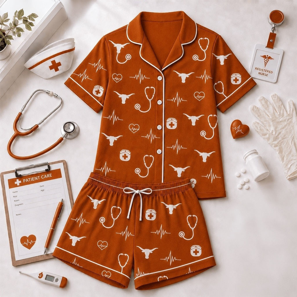 Texas Longhorns Heartbeats And Home Teams Short Sleeve Pajamas Set Longhorns Merch Fan Gifts - Kdjoy