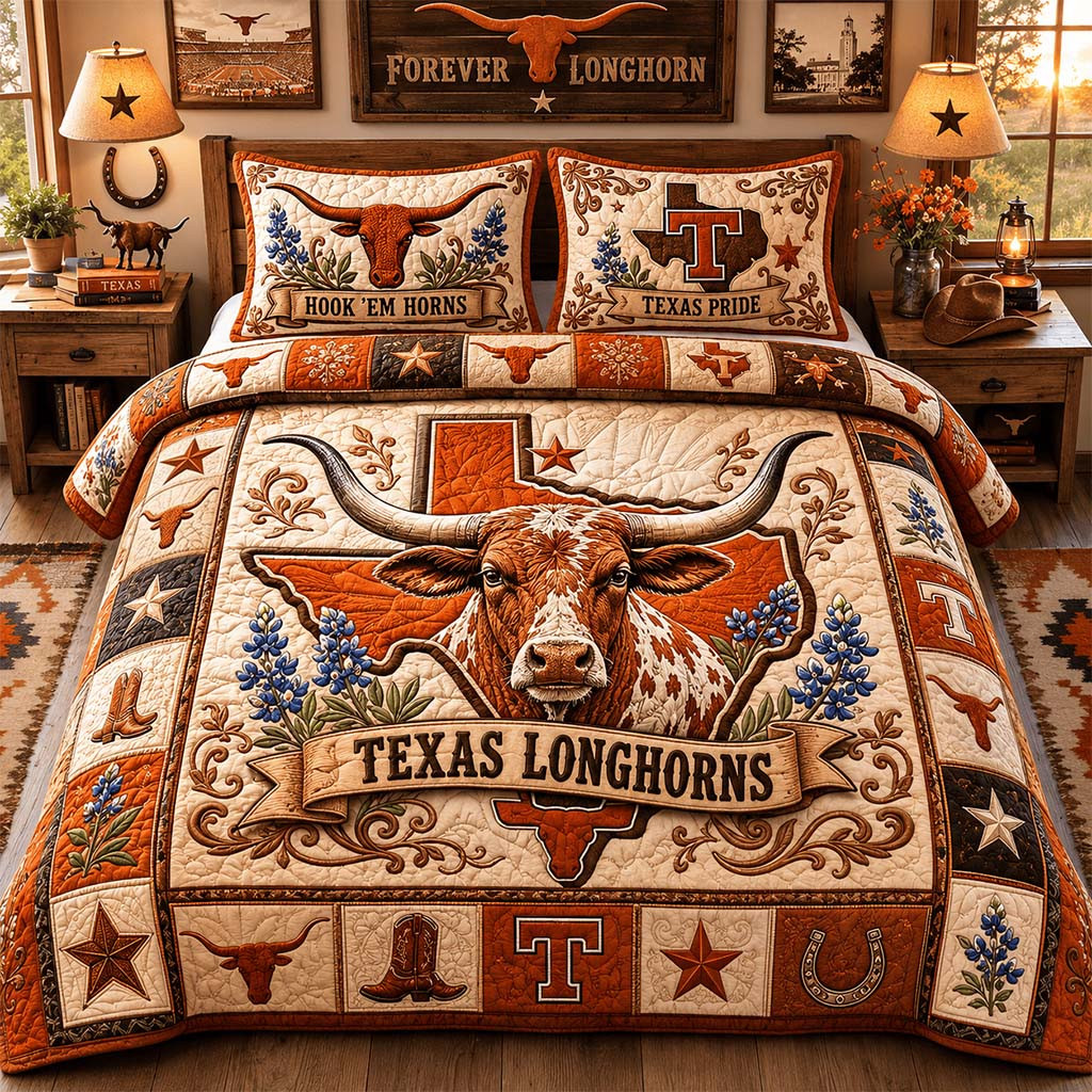 Texas Longhorns Merch Hook Em Horns Texas Pride Quilt Bedding Set Football Fan Gift Ideas - Kdjoy