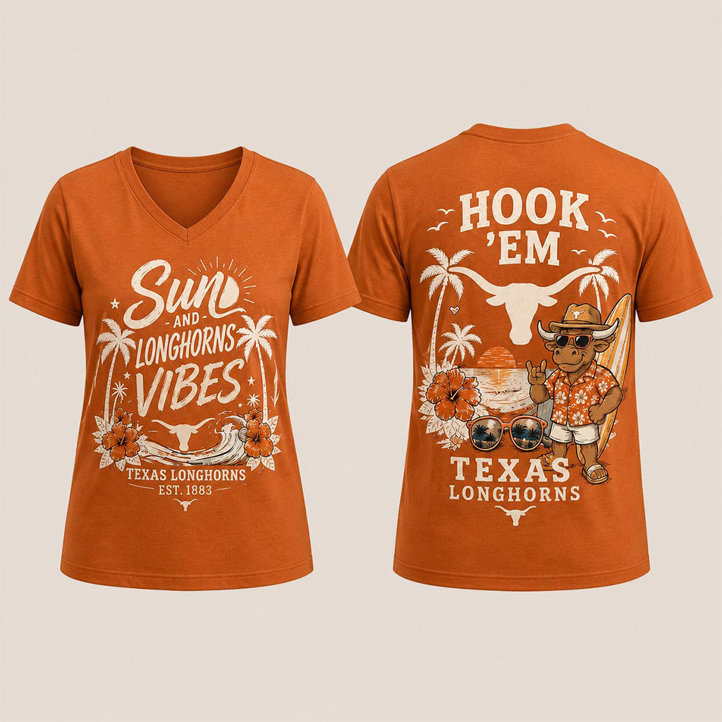 Texas Longhorns Merch Sun And Texas Longhorns Vibes Est 1883 V-Neck T-Shirt Gifts For Her - Kdjoy Texas Longhorns Merch Sun And Texas Longhorns Vibes Est 1883 V-Neck T-Shirt Gifts For Her - Kdjoy