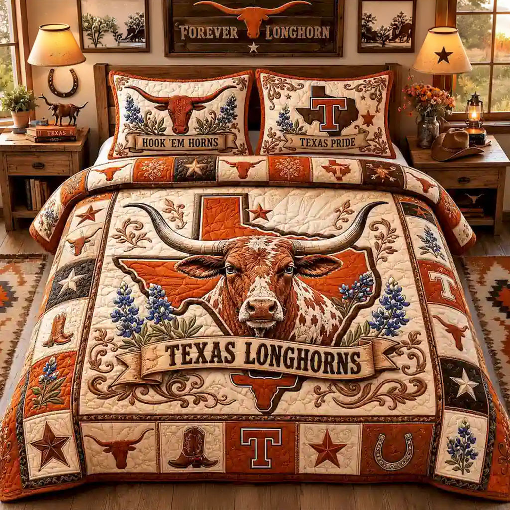 Texas Longhorns Texas Pride Quilt Bedding Set Texas Longhorns Merch Bed Room Decoration - Kdjoy Texas Longhorns Texas Pride Quilt Bedding Set Texas Longhorns Merch Bed Room Decoration - Kdjoy