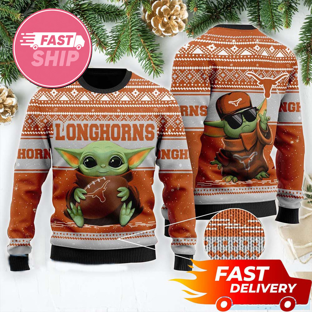 Texas Longhorns x Star War Baby Yoda Ugly Sweater Longhorns Merch Christmas Gifts For Fans - Kdjoy Texas Longhorns x Star War Baby Yoda Ugly Sweater Longhorns Merch Christmas Gifts For Fans - Kdjoy