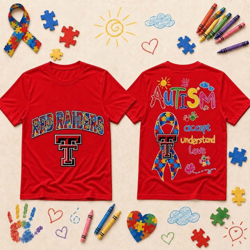 Texas Tech Red Raiders Merch Autism Awareness Puzzle Ribbon T-Shirt Autism Gifts Adults