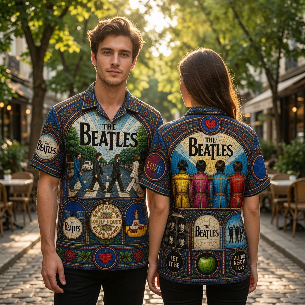 The Beatles Stained Glass Abbey Road Sgt Pepper Retro Rock Hawaiian Shirt The Beatles Merch - Kdjoy The Beatles Stained Glass Abbey Road Sgt Pepper Retro Rock Hawaiian Shirt The Beatles Merch - Kdjoy
