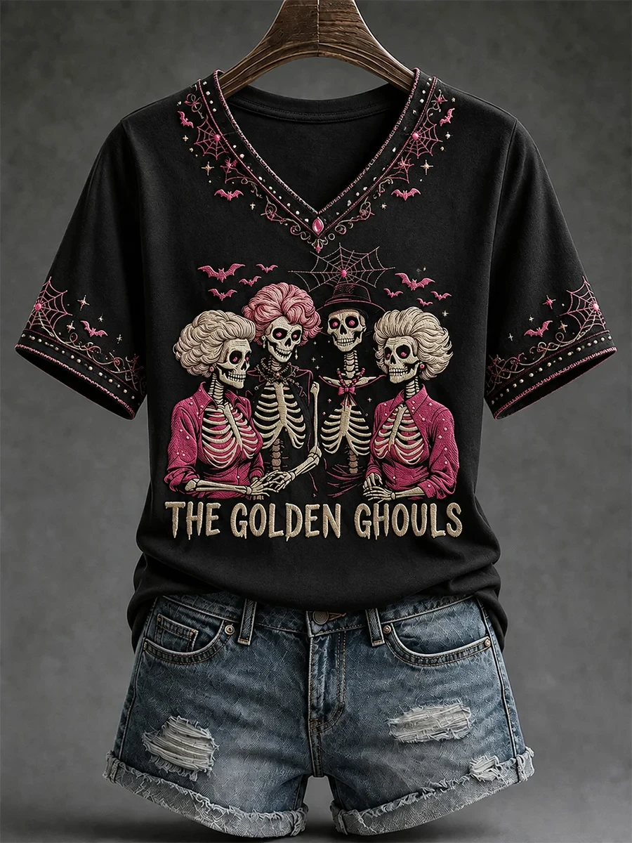 The Golden Ghouls V-Neck Shirt Spooky Vibes Apparel Halloween Themed Gifts - Kdjoy