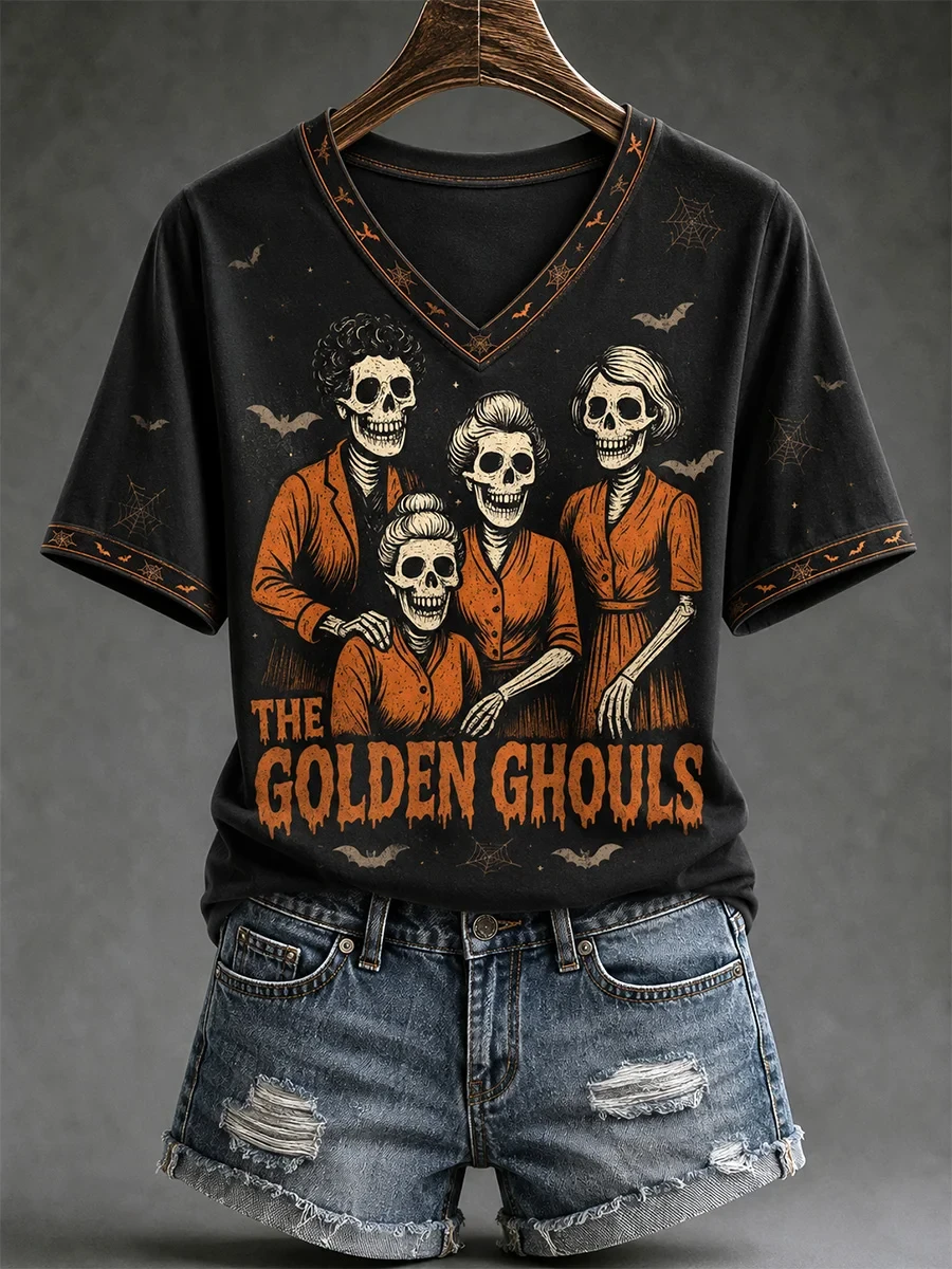 The Golden Ghouls V-Neck Shirt Trendy Spooky Vibes Shirt Halloween Gift Ideas - Kdjoy