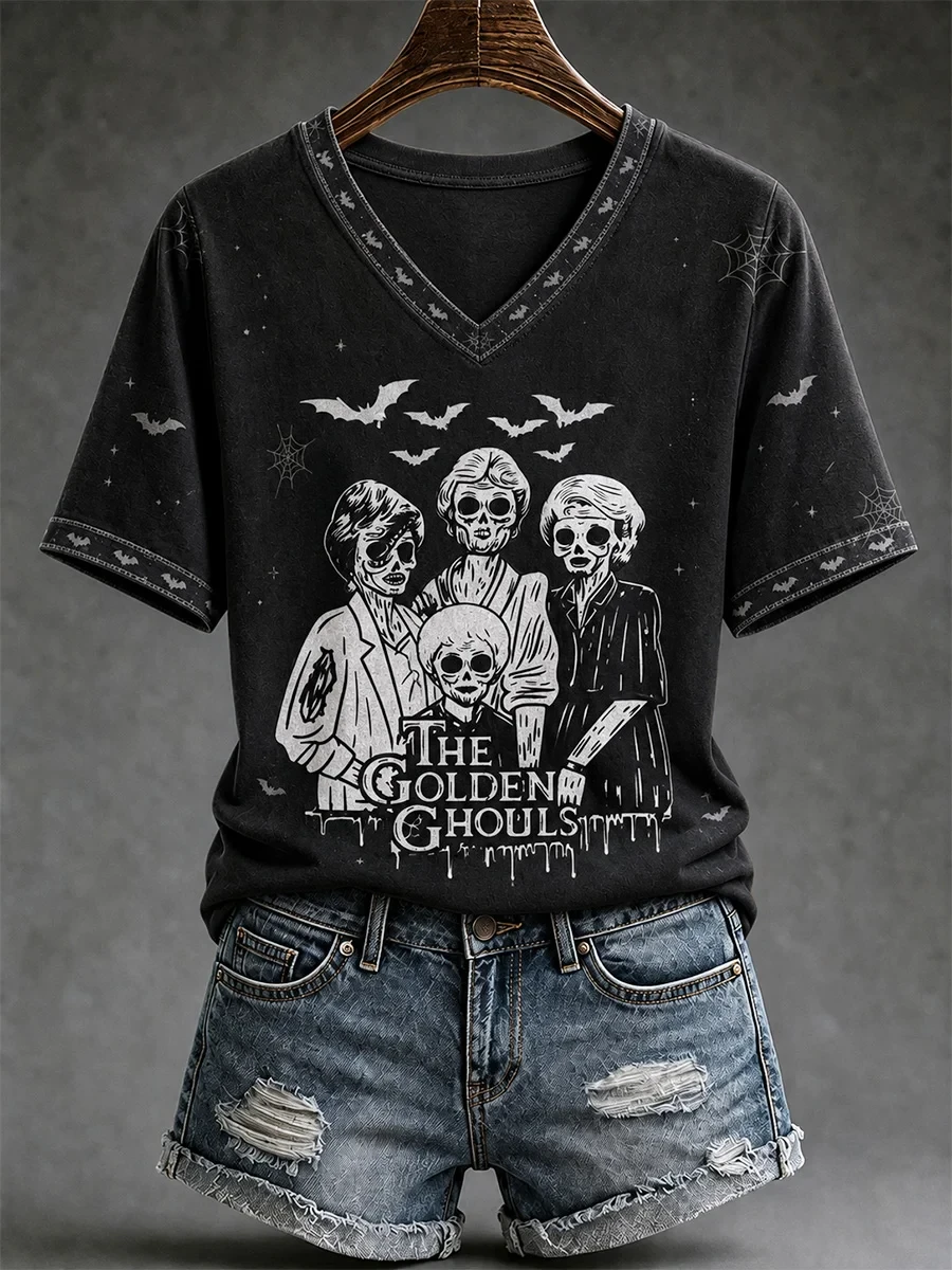 The Golden Ghouls V-Neck T-Shirt Halloween Themed Apparel Gifts For Horror Lovers - Kdjoy